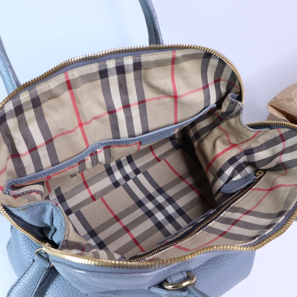 BURBERRY Greenwood Bowling Bag Grey Pebbled Leather with Plaid Lining Crossbody - Picture 7 of 11